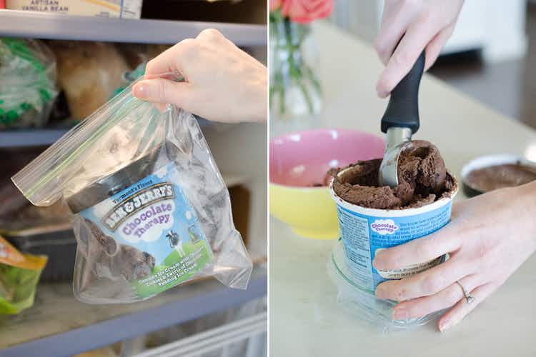 Save ice cream from freezer burn and keep it soft by placing the container in a freezer Ziploc bag.