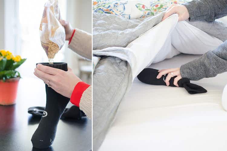 A person's hands dumping rice into a black sock to put into the freezer, and a person putting the frozen sock of rice between the bed sheets.
