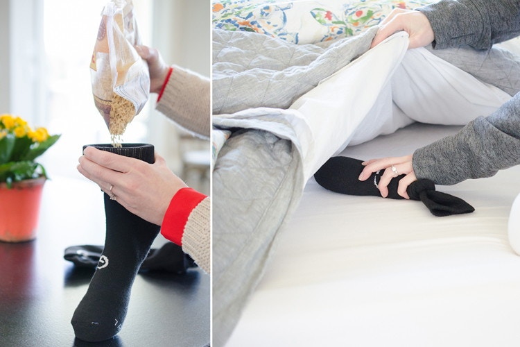 A person putting a bag of rice in a sock next to a person putting a sock in a bed.