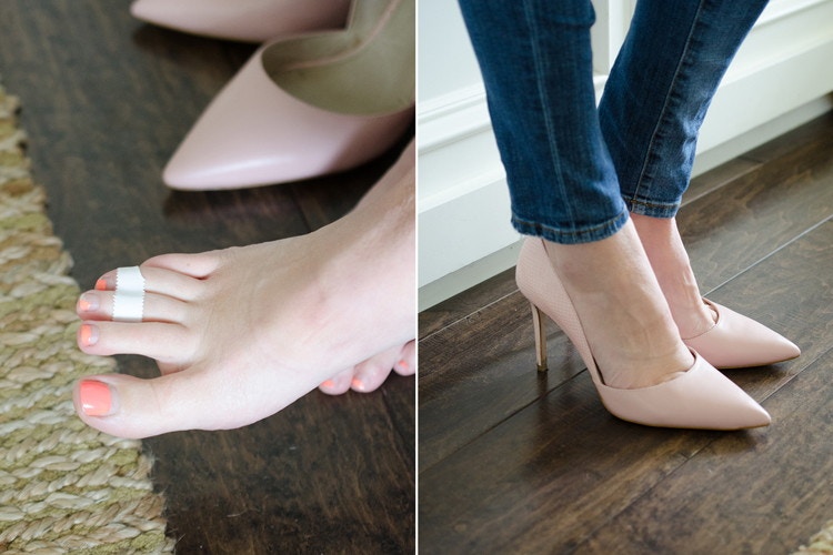 Someone with tape on their 3rd and 4th toes on each foot before wearing closed-toed heels.