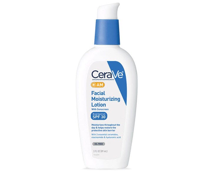 A bottle of CeraVe AM Moisturizing lotion.