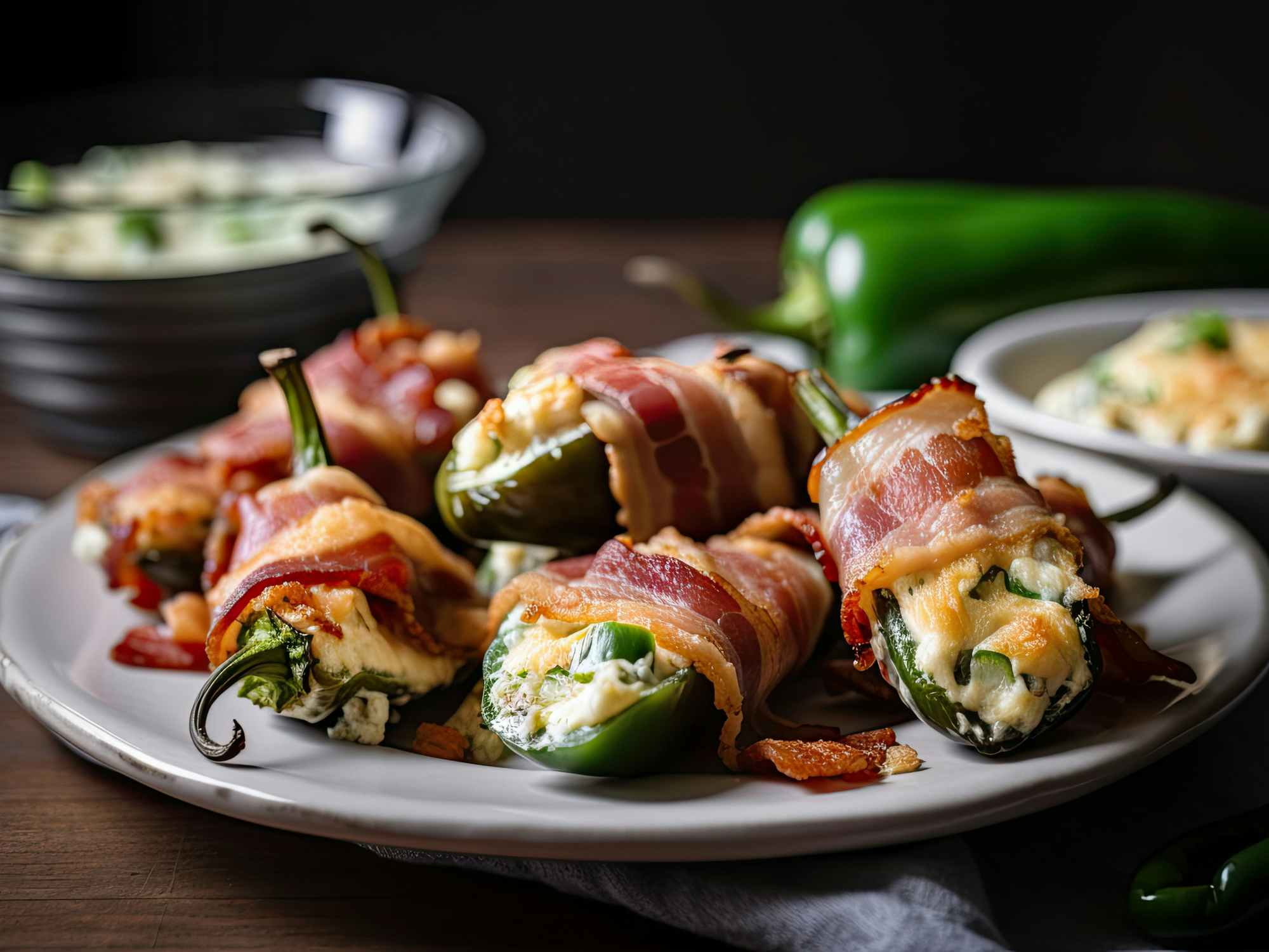 A plate of bacon wrapped stuffed jalapeno poppers