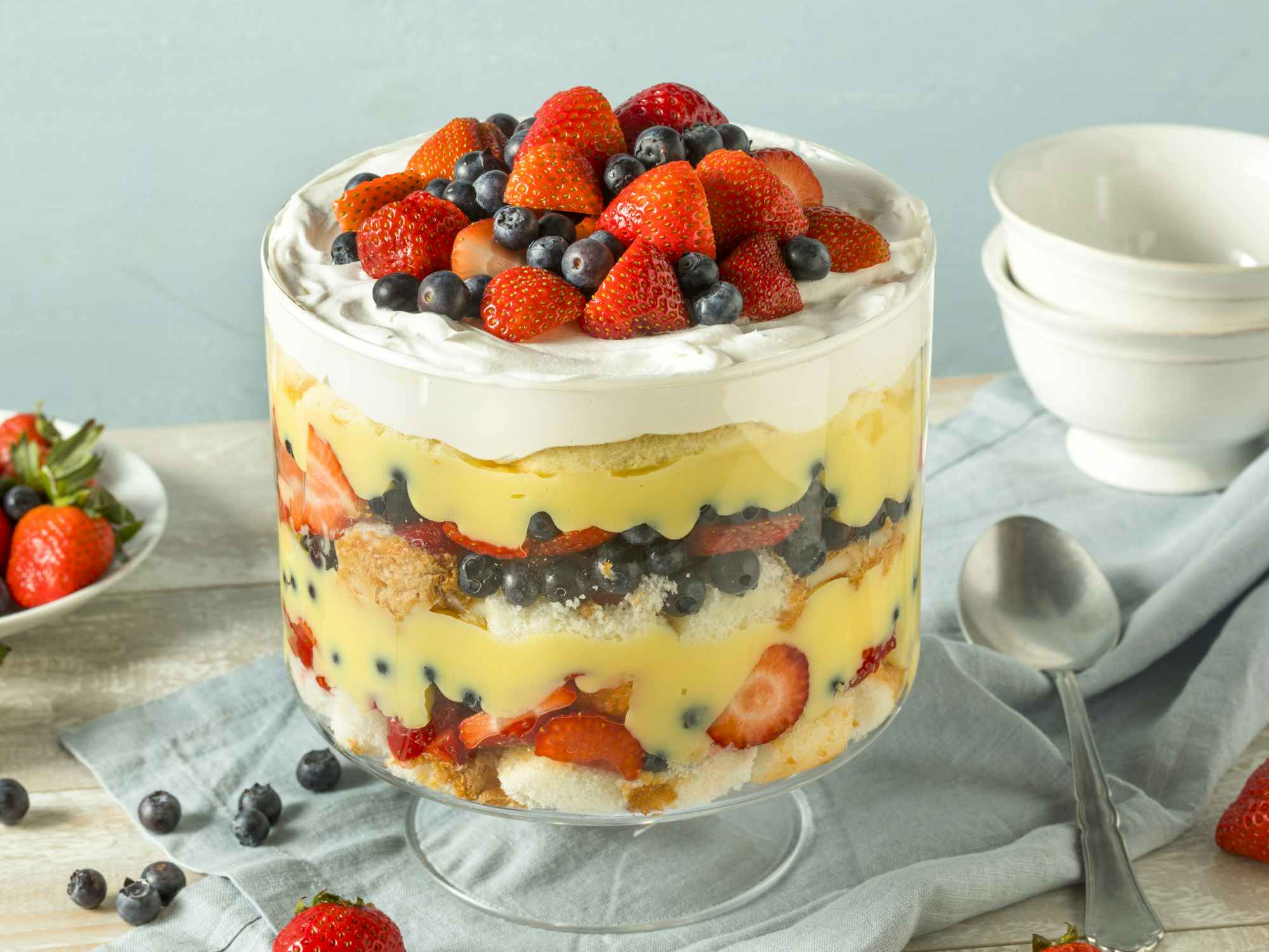 A large strawberry and blueberry trifle dessert on a table