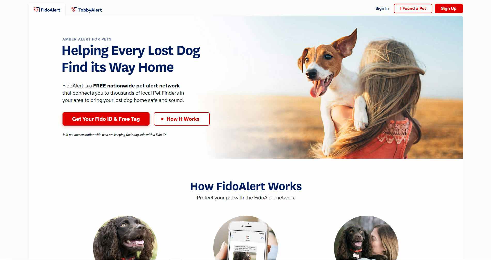 FidoAlert website screenshot with a person holding a dog.