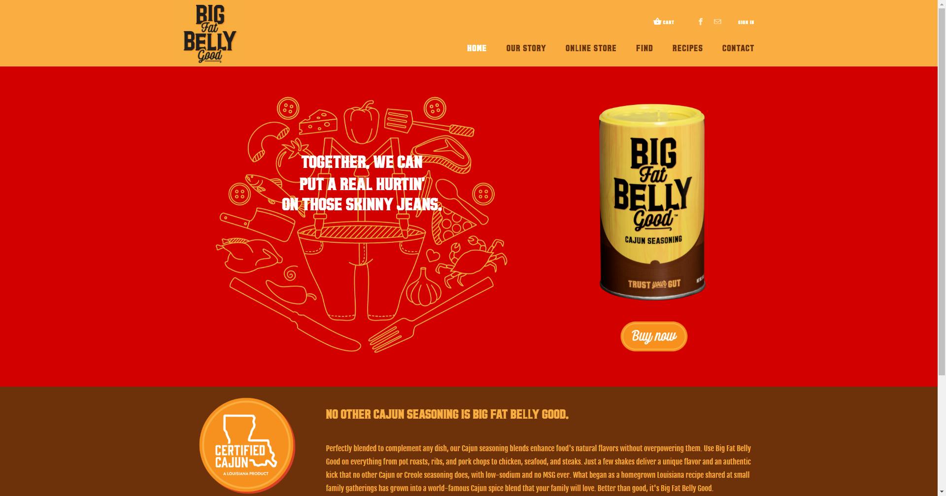 The Big Fat Belly Good website home page with a container of cajun seasoning.
