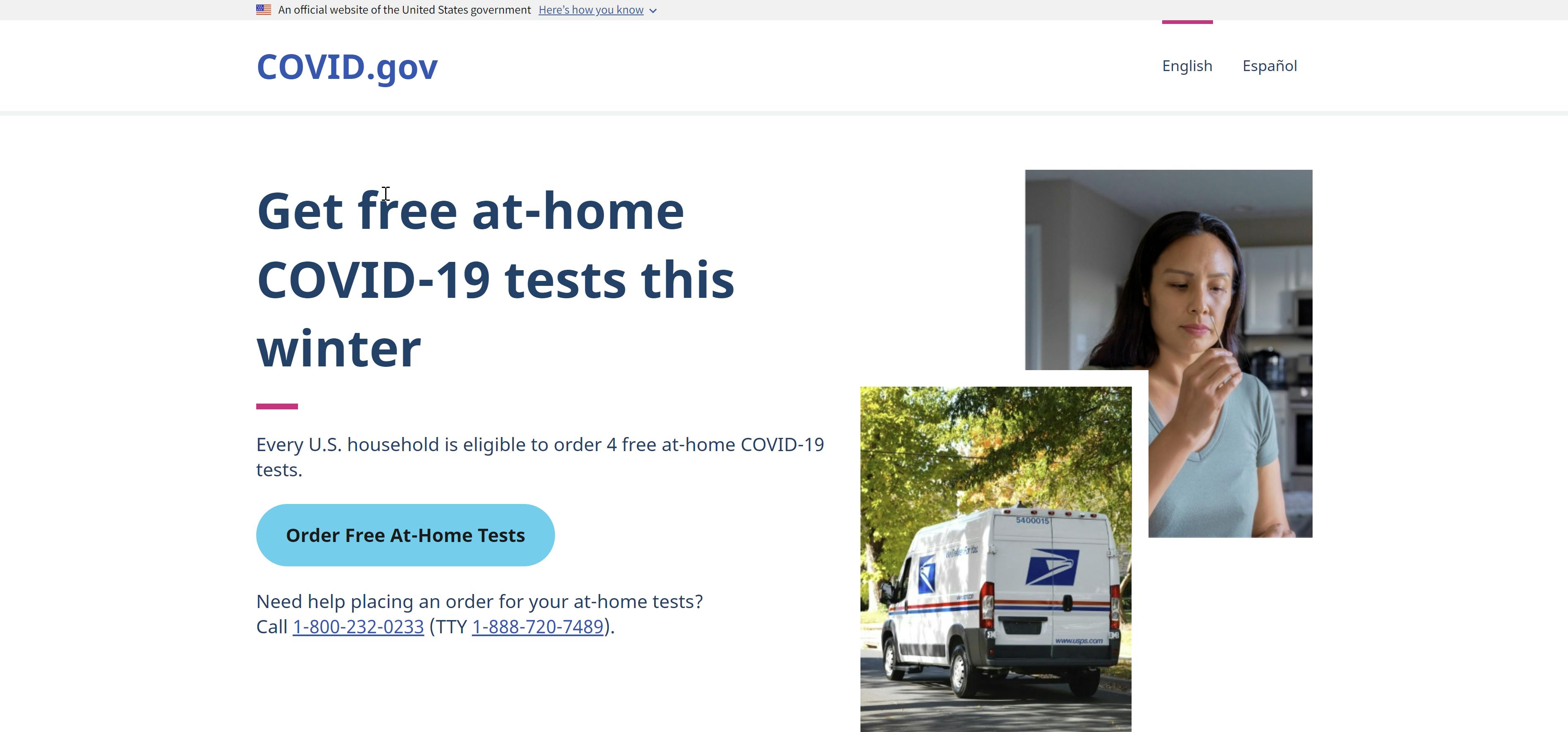 CDC.gov website with a postal truck and a female holding a q-tip from a covid test.