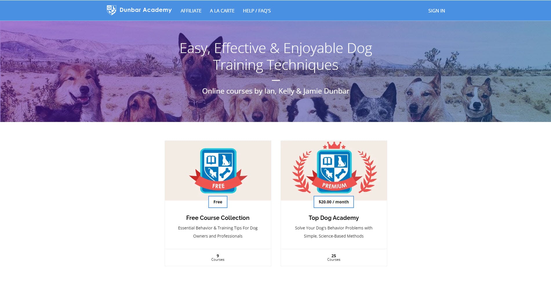 Dunbar Dog Training Academy website homepage.