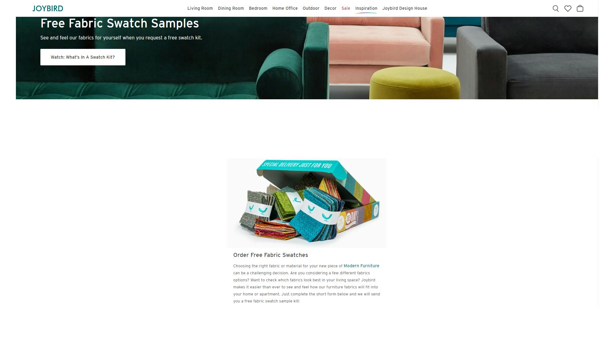 Joybird website homepage with a box of fabric samples coming out of the top.
