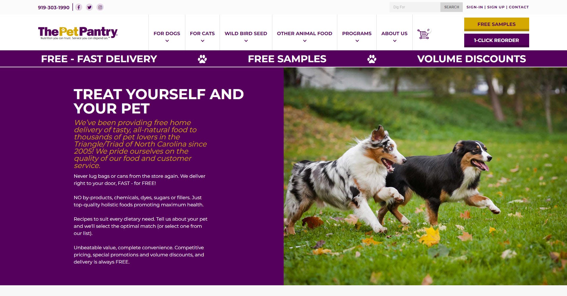 The Pet Pantry website with two dogs.