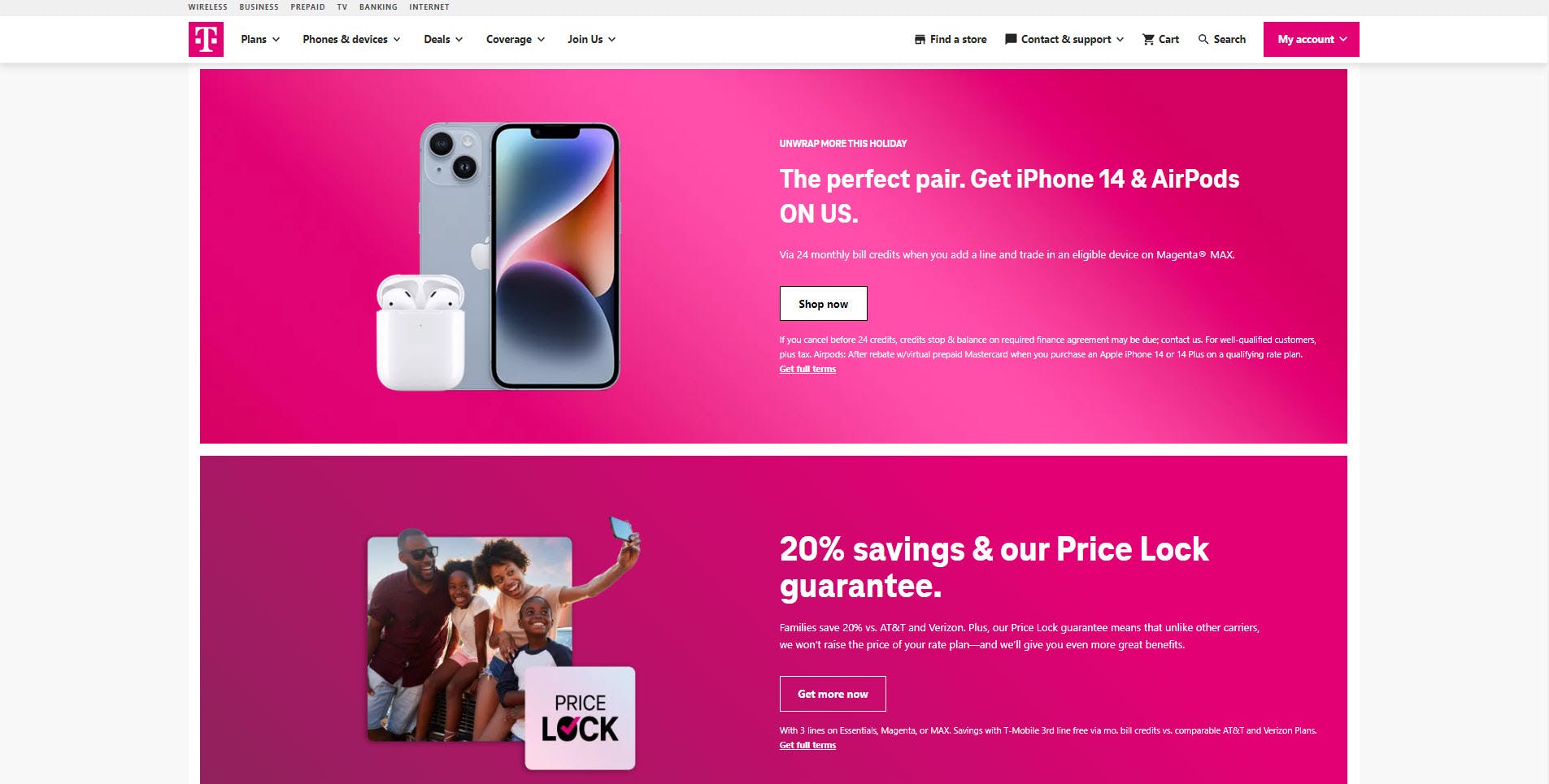 T-Mobile website homepage.