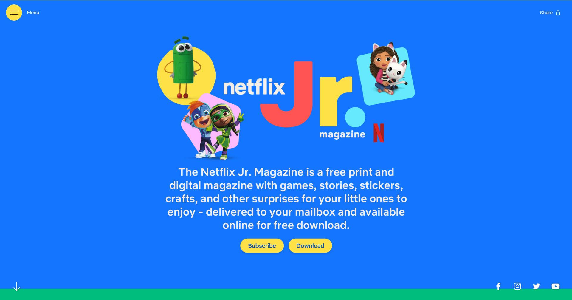 The Netflix Jr. magazine website with a girl holding a cat, two other children in costumes.