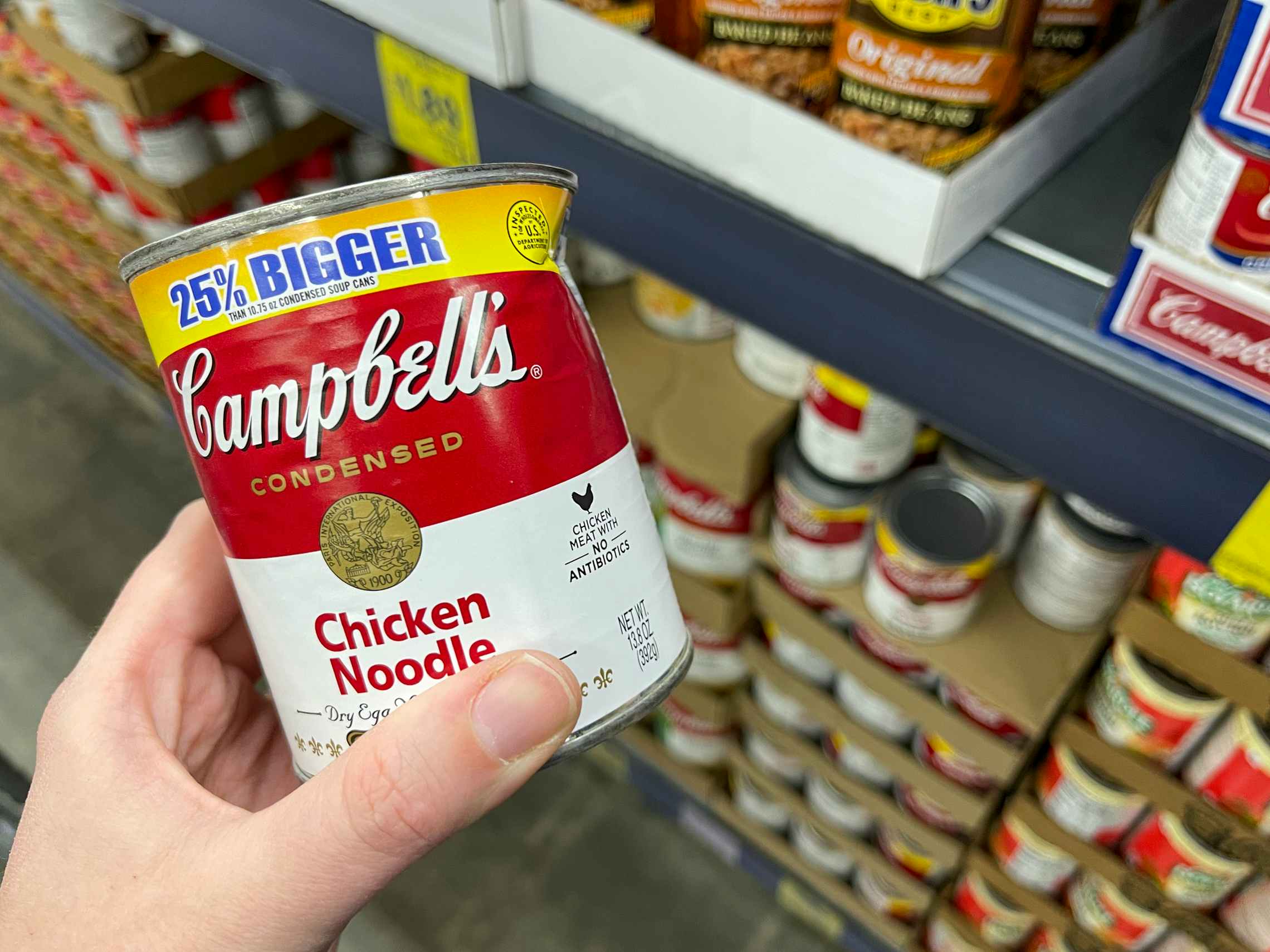 A dented can of Chicken noodle soup.