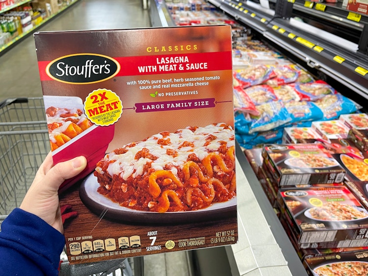 A box of stouffers lasagna in the frozen food section in Grocery Outlet.