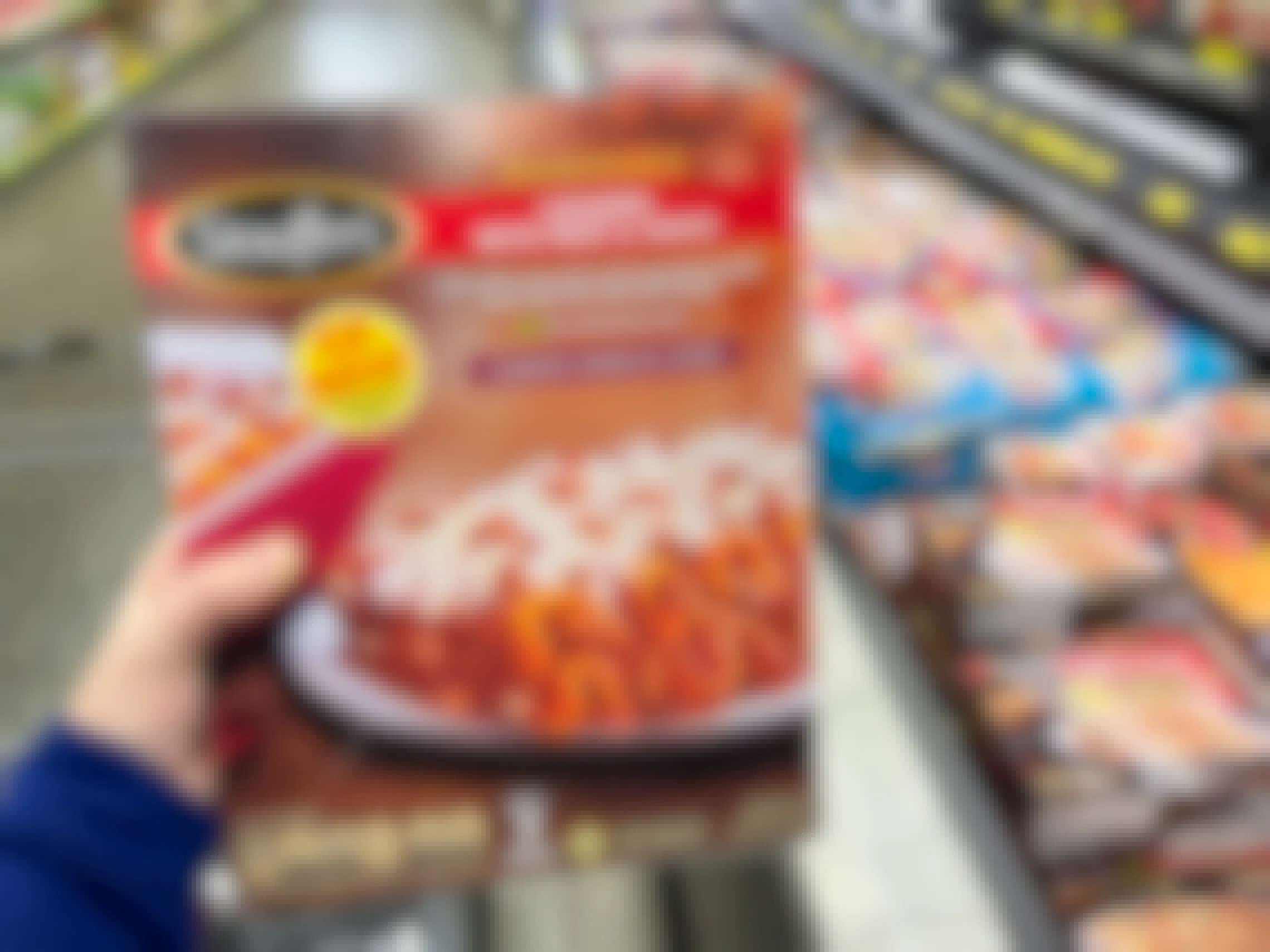A box of stouffers lasagna in the frozen food section in Grocery Outlet.