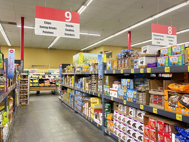 Grocery aisle at grocery outlet.
