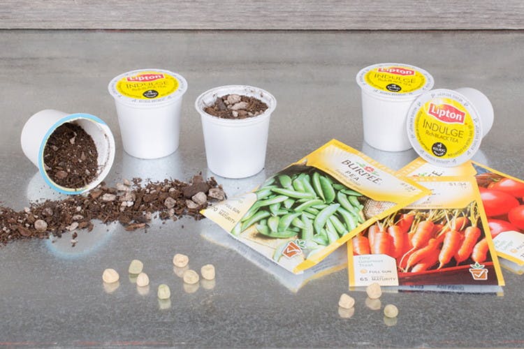 Several K-cups next to seed packets.