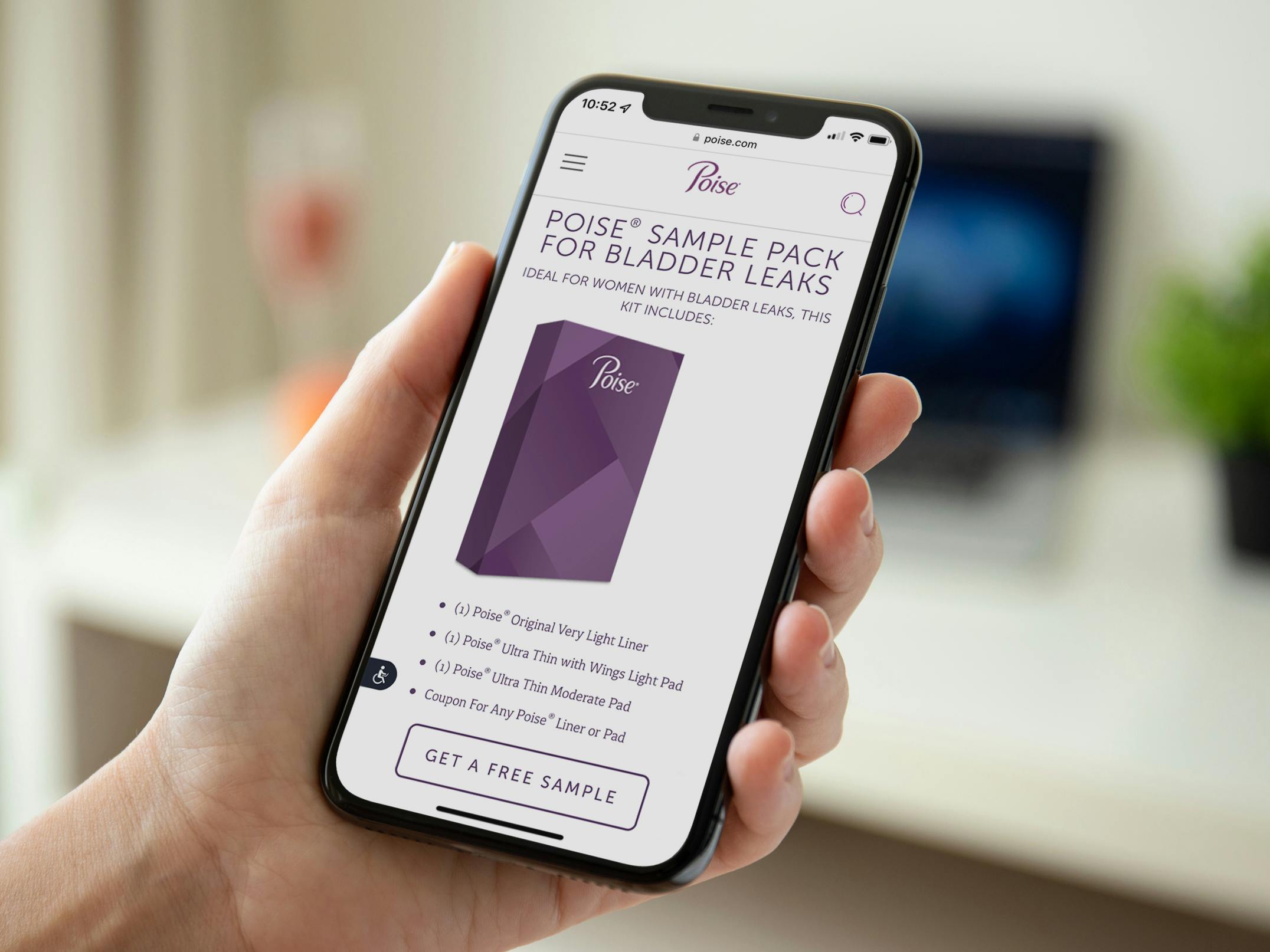 A woman's hand holding an iPhone displaying the Poise free sample page on their website.