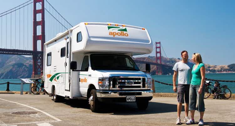 A couple standing in front of an RV with the golden gate bridge behind them.