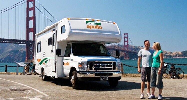 A couple standing in front of an RV with the golden gate bridge behind them.