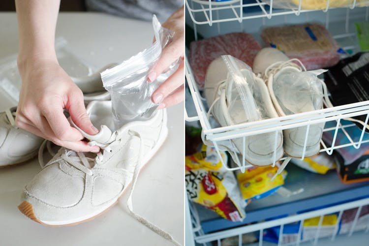 Someone putting a ziploc bag of water into a pair of shoes and putting them into the freezer