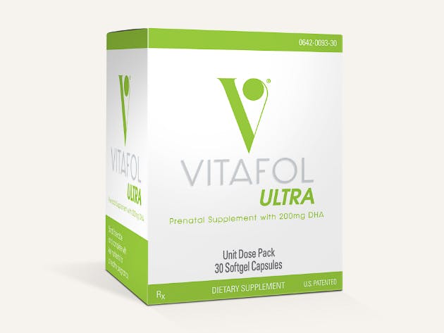 A box of Vitafol Ultra prenatal vitamins on a neutral background.