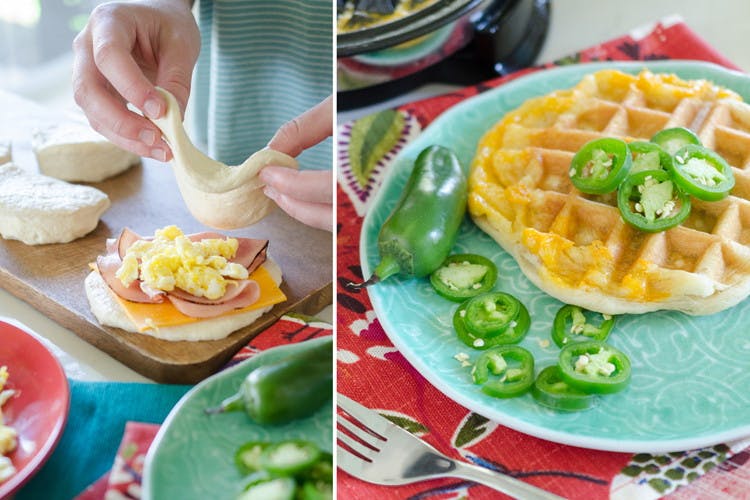 Make waffle iron breakfast sandwiches.