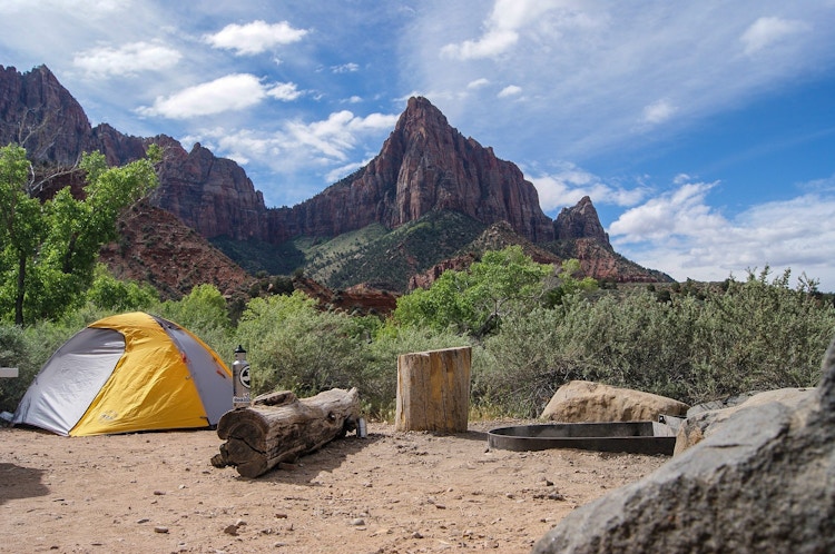 tent in front of mountains