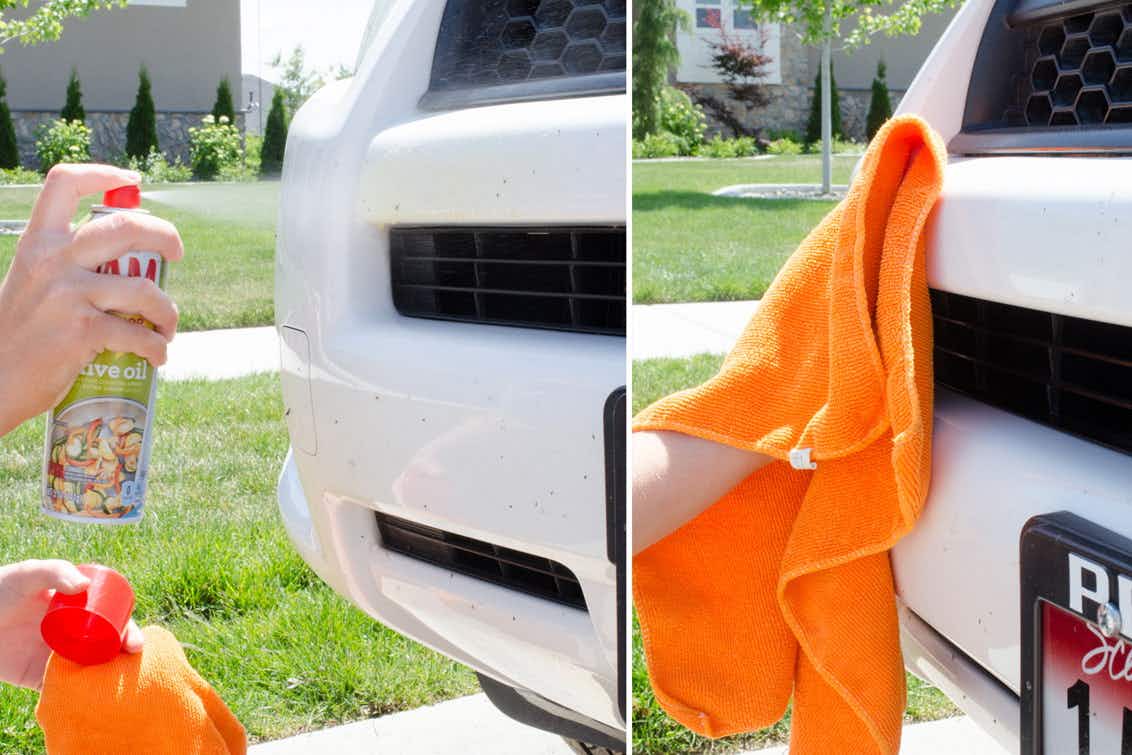 Wipe dead bugs off the front of a car with cooking spray.