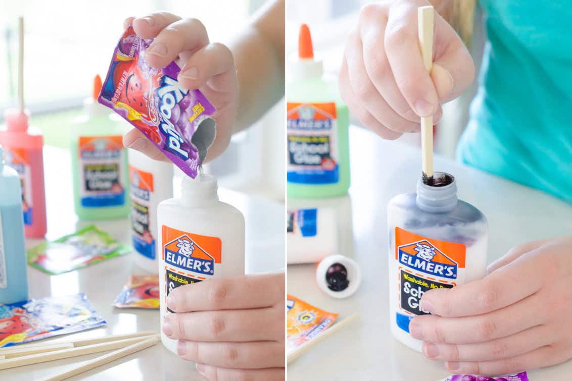 Someone pouring a Kool-Aid packet into a bottle of Elmers Glue and mixing it up