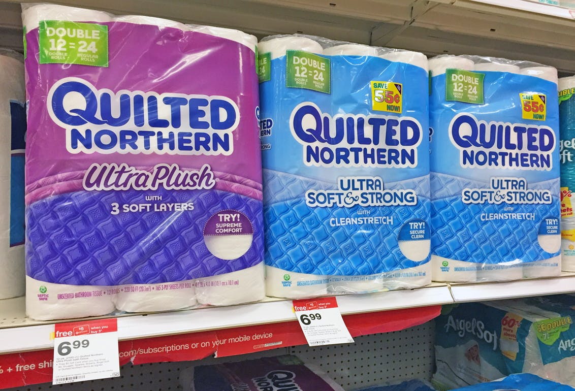 Packages of Quilted Northern toilet paper on store shelves.