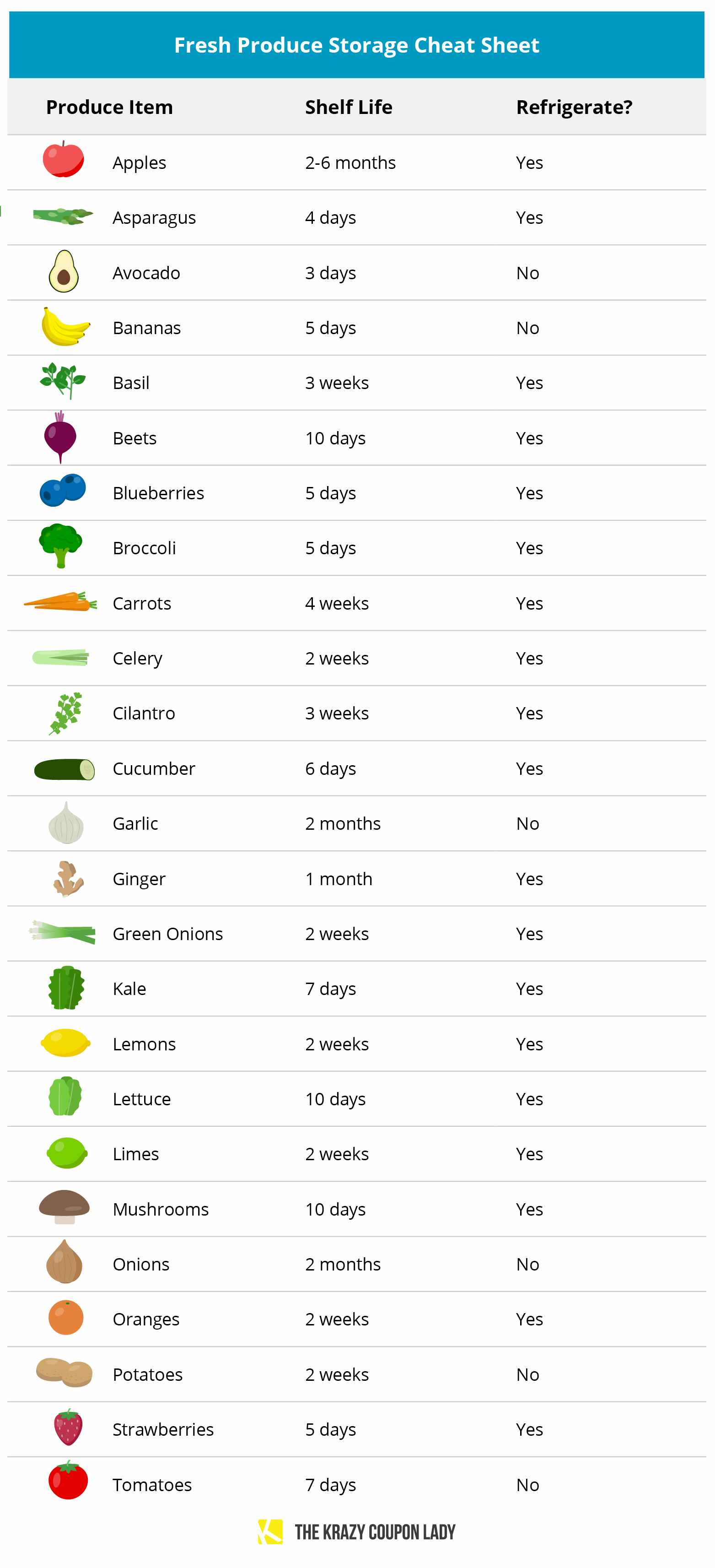 A chart showing how to store fresh produce