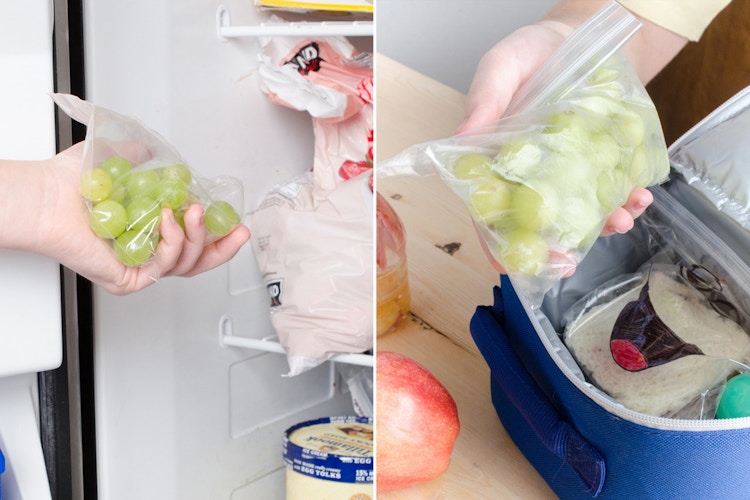 Pack frozen grapes as an edible ice pack