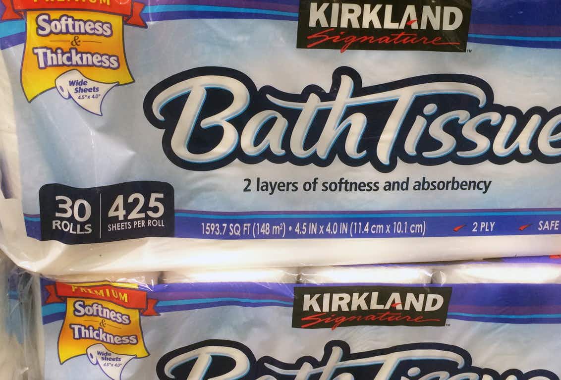 Packages of Costco Kirkland brand of toilet paper.