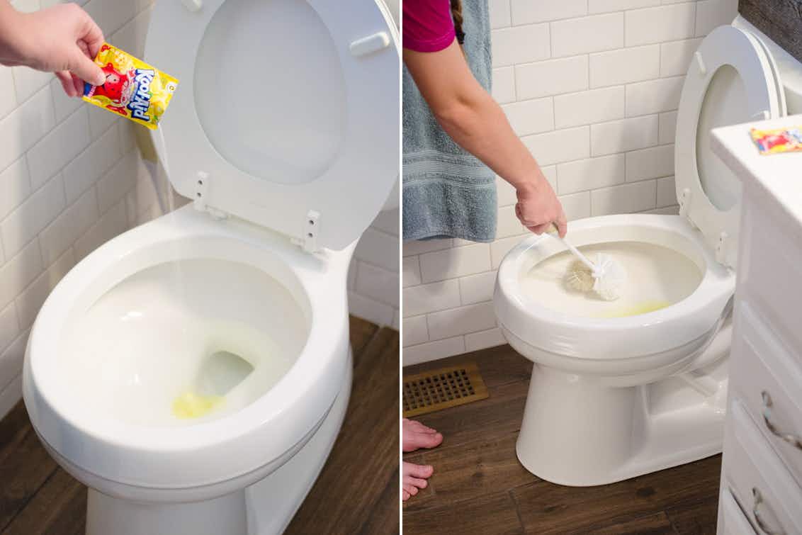 someone pouring a packet of yellow Kool Aid into a toilet and scrubbing it with a brush
