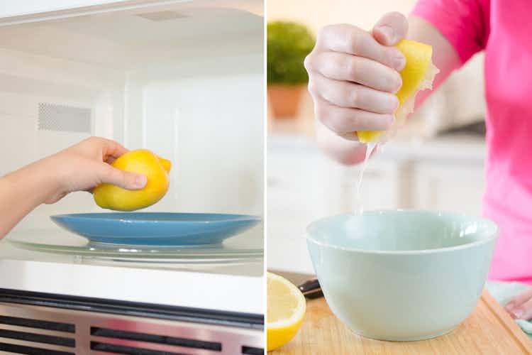 someone microwaving lemon and squeezing it into bowl
