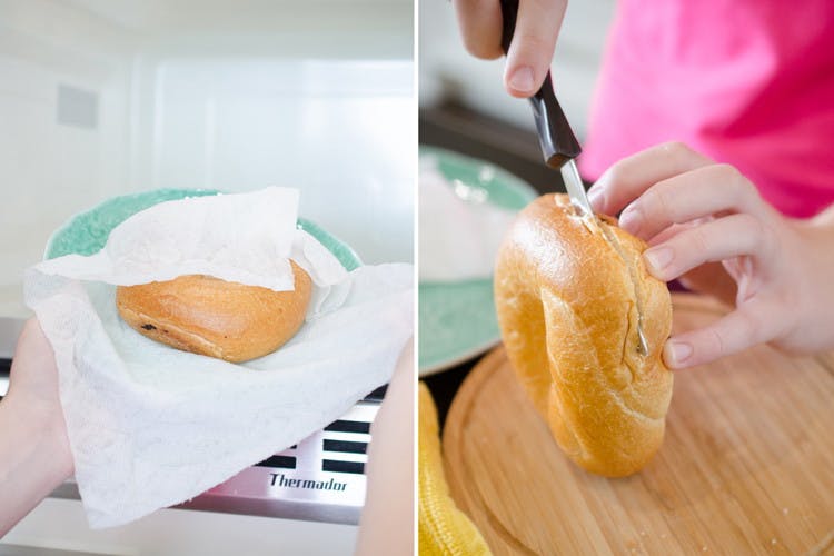 Microwave stale or day-old bagels for 20 seconds to make them edible again.