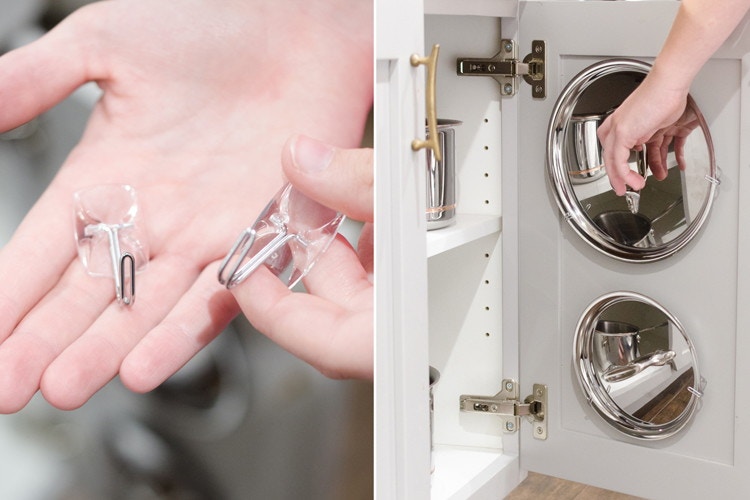 Organize pot lids on Command hooks.