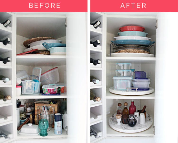 Use a lazy susan to hold cooking essentials and tupperware.