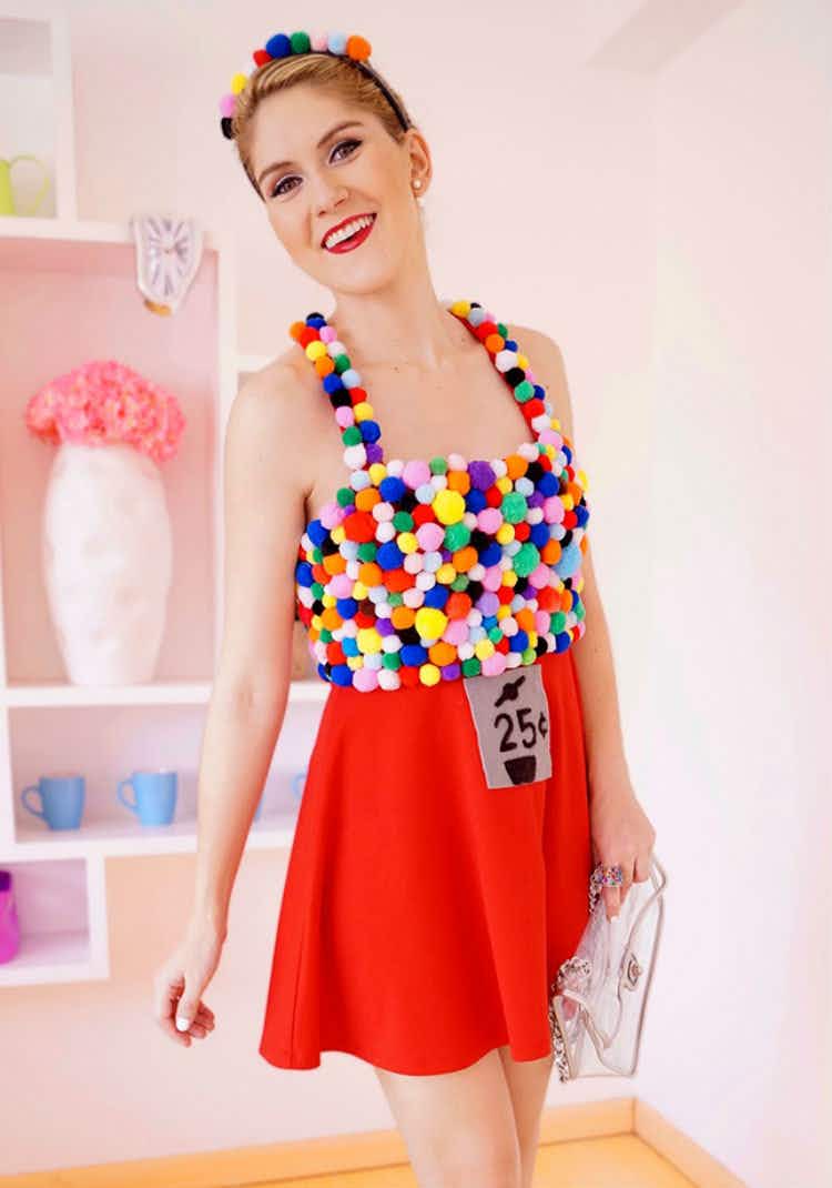 Wear red bottoms and a top with colorful pompoms for a gumball machine.