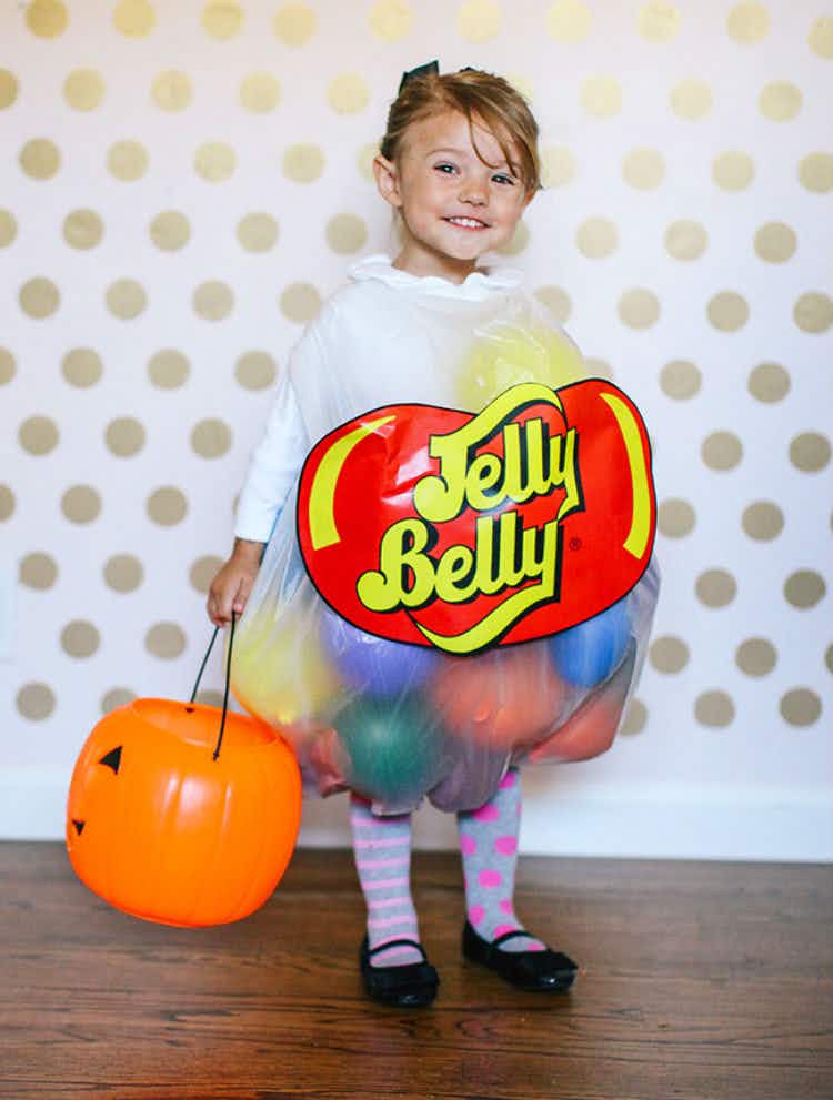 Fill a clear trash bag with different colored balloons and be a jelly belly.
