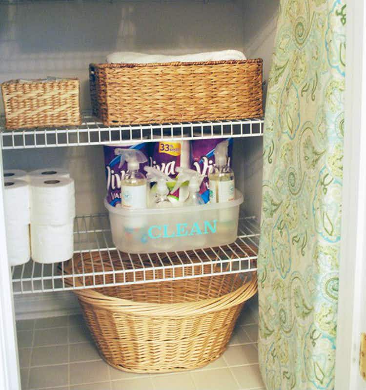 Fill a labeled caddy with bathroom cleaning products.