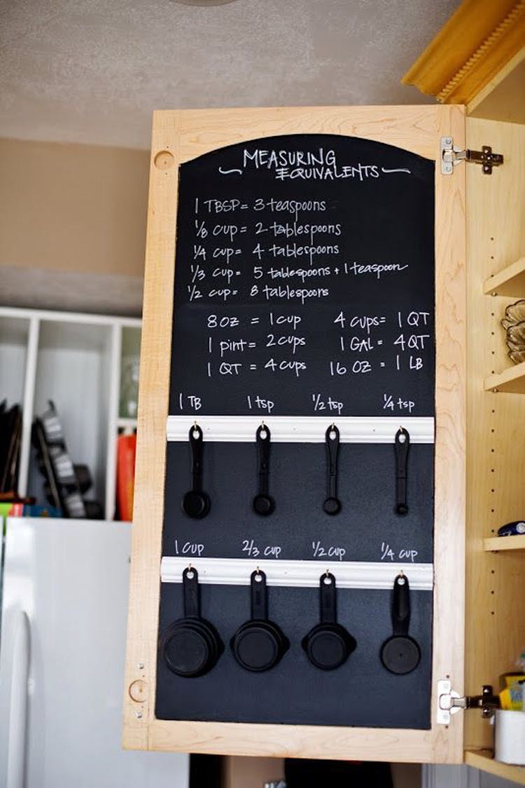 Use chalkboard paint and hooks for measuring hints and utensils.