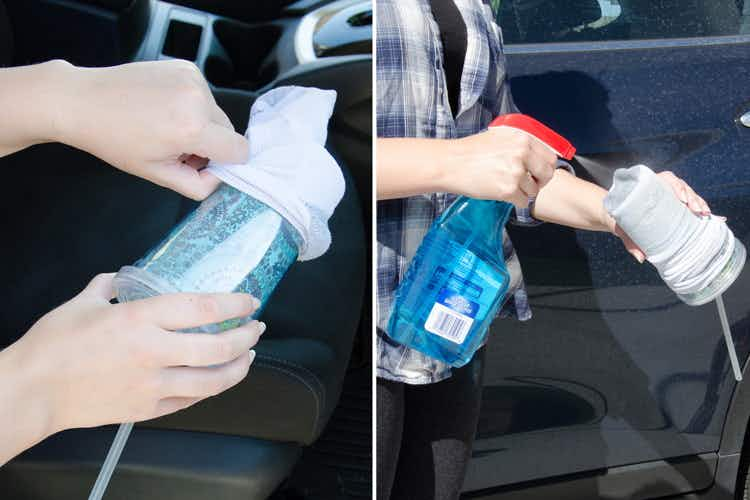 Use an old sock, Windex, and a travel cup to clean cup holders.