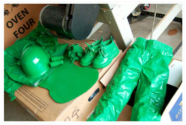 Spray paint old clothes green for a toy soldier costume.