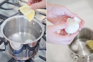 Peel boiled eggs easily by putting a lemon wedge in the boiling water.