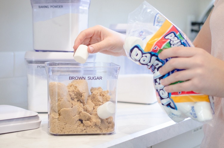 person-placing-marshmallows-into-container-of-brown-sugar-to-keep-it-fresh