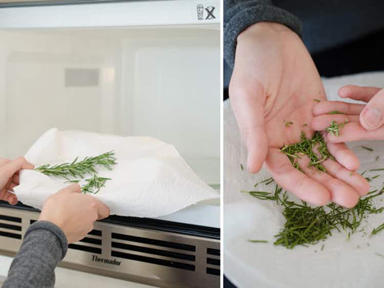 person drying left over herbs in a microwave for 1 minute