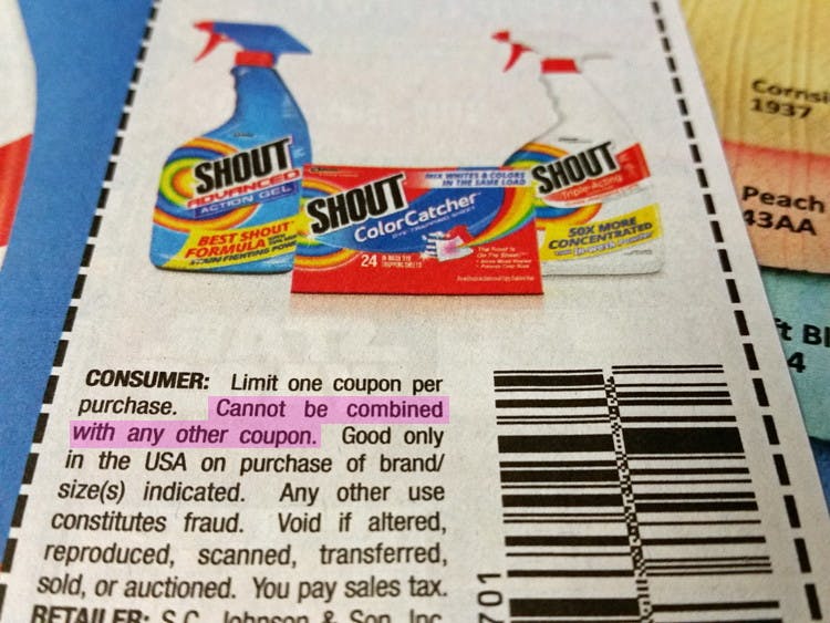 A shout coupon with highlight fine print explaining you can't combine offer with any other coupons