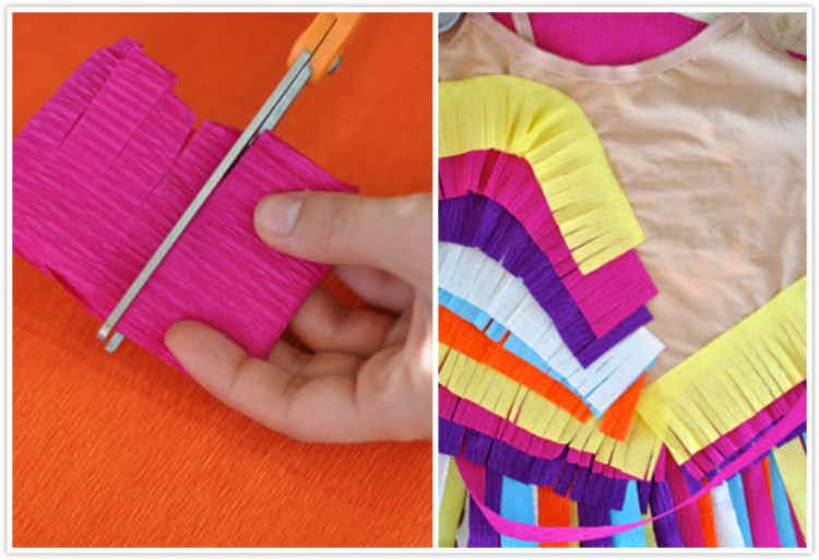 Transform crepe paper into piñata decor, then glue strips onto your clothes.