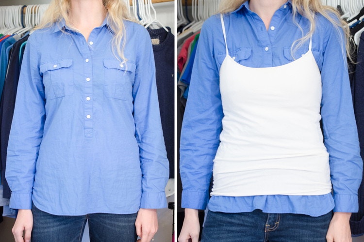 Wear a tank top between a button-up and sweater for a smoother look.
